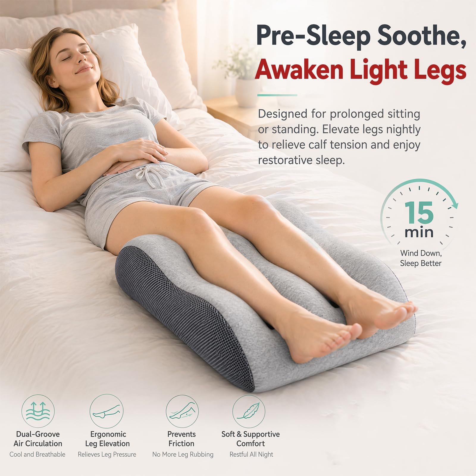 Almohada ergonómica para venas, cojín elevador de piernas, cojín de apoyo para adultos, espuma viscoelástica para promover la circulación sanguínea (gris claro)