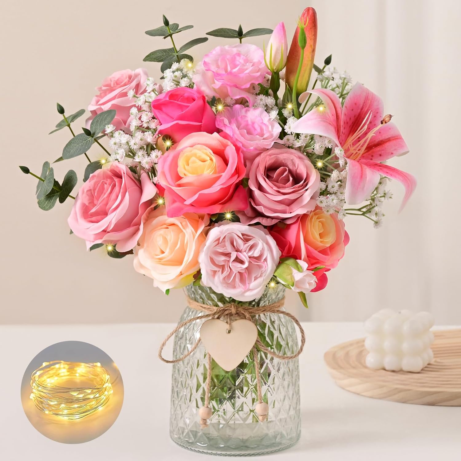 Livole 22Pcs Fake Flowers with Vase Silk Pink Artificial Flowers in Vase with Light Fake Plant Eucalyptus Flower Arrangement for Table Centerpieces Decor for Living Room Coffee Home Farmhouse