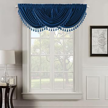Royal Tradition Heavyweight Velvet Waterfall Valance, Navy 37x57 Single Rod Pocket Window Valance