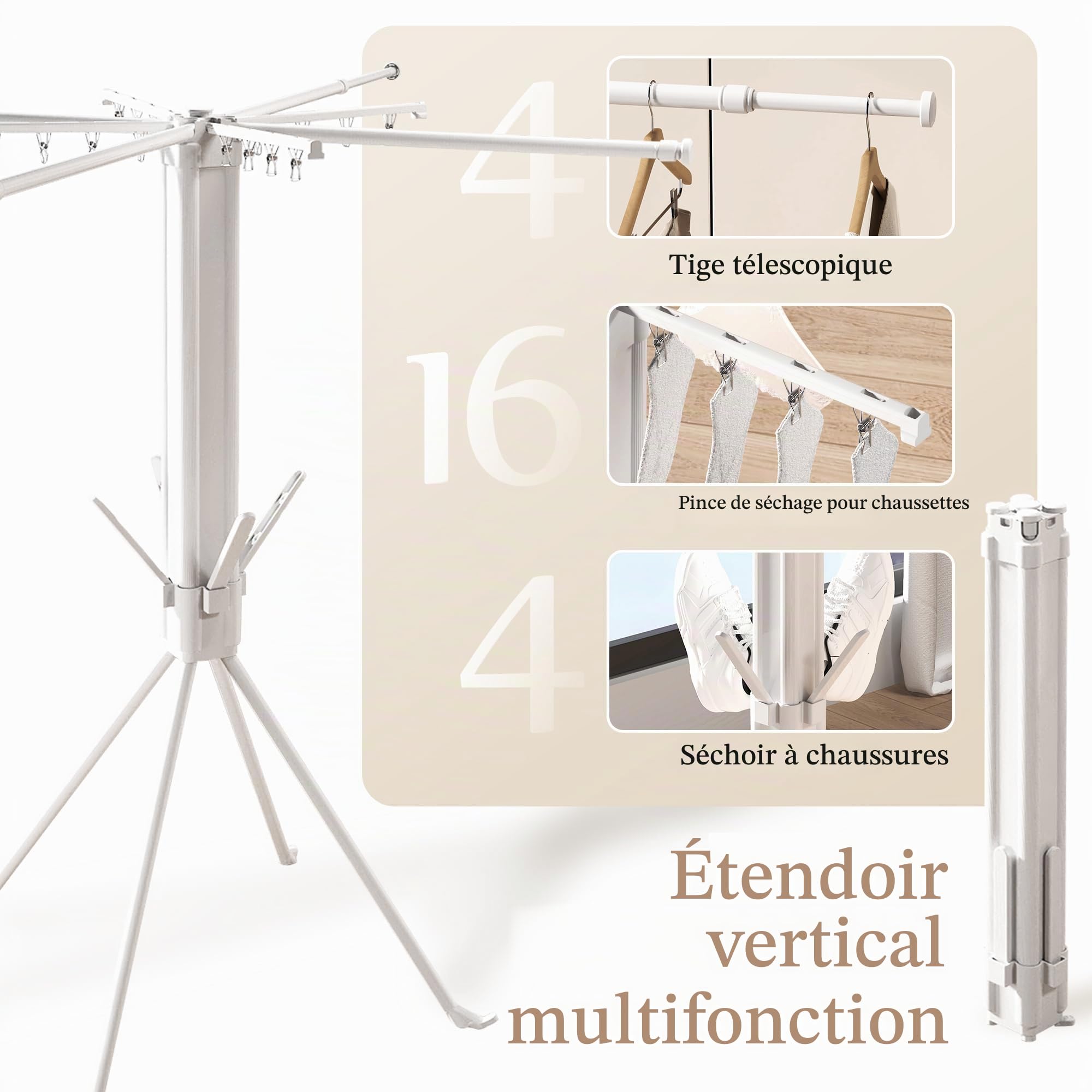 Étendoir à Linge sur Pied 4 Pieds, Pliable et Gain de Place, séchoir avec Pinces à Chaussettes et 4 Supports pour Chaussures, étendoir Robuste pour intérieur et extérieu