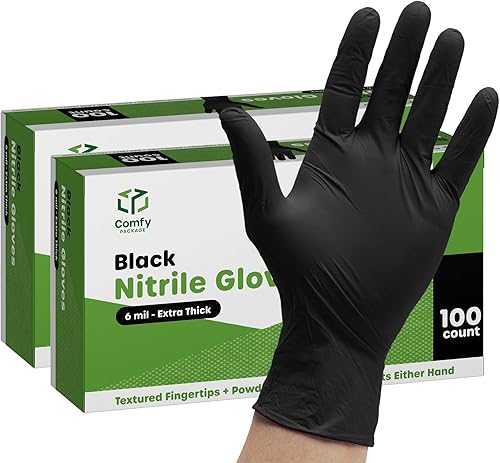 100 Count Black Nitrile Disposable Gloves 6 Mil. Chemical Resistance, Latex & Powder Free, Textured Fingertips Gloves