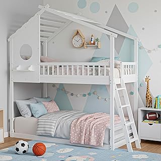 DUMOS Wood Twin Over Twin House Bunk Bed, Loft Bed with Ladder, Safety Guardrail, Wooden Slats & Window, Kids Twin Bed Frame for Teens Juniors, Freely Decorative House Roof