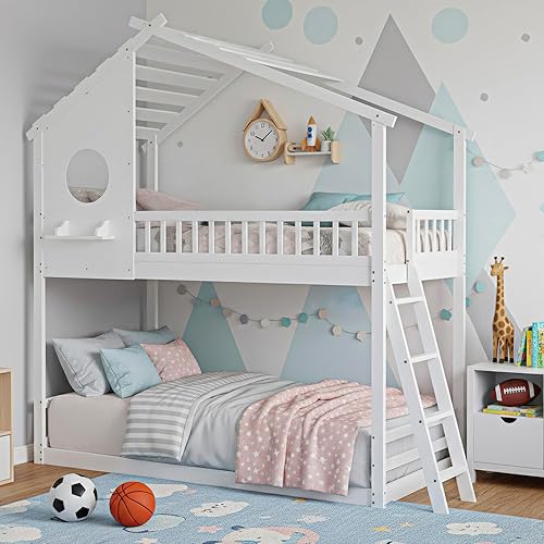 DUMOS Wood Twin Over Twin House Bunk Bed, Loft Bed with Ladder, Safety Guardrail, Wooden Slats & Window, Kids Twin Bed Frame for Teens Juniors, Freely Decorative House Roof