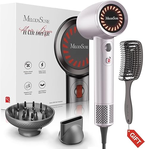 MelodySusie Kit de secador de pelo compacto para mujer, 120,000 rpm, 1600 W, secado rápido, de alta velocidad, kit de regalo con difusor, cepillo
