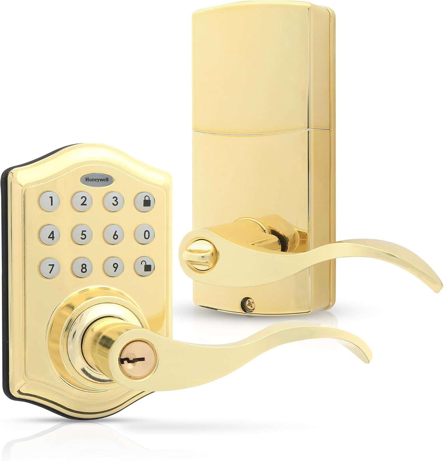 Honeywell Safes & Door Locks – Keyless Entry Lever Door Lock Handle with Electronic Keypad – Easy to Install Front Door Lock with Code – 50 User Pin Codes – Polished Brass, 6.5 x 8.8 x 9 in – 8734001