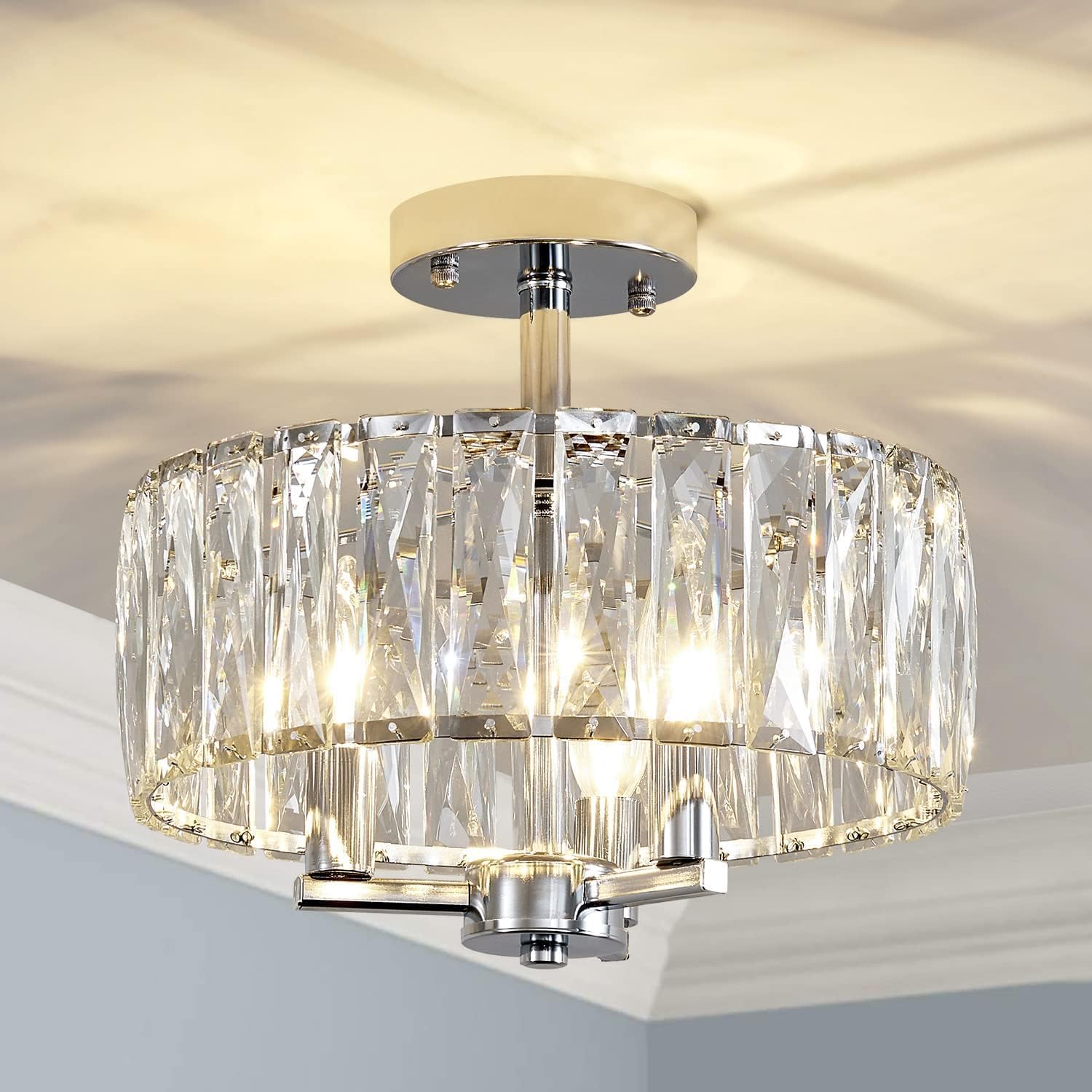 SHRINE LIGHTING Semi Flush Mount Crystal Ceiling Light, E14 Base x3 Lamps, D29 x H18cm, Chrome Finish