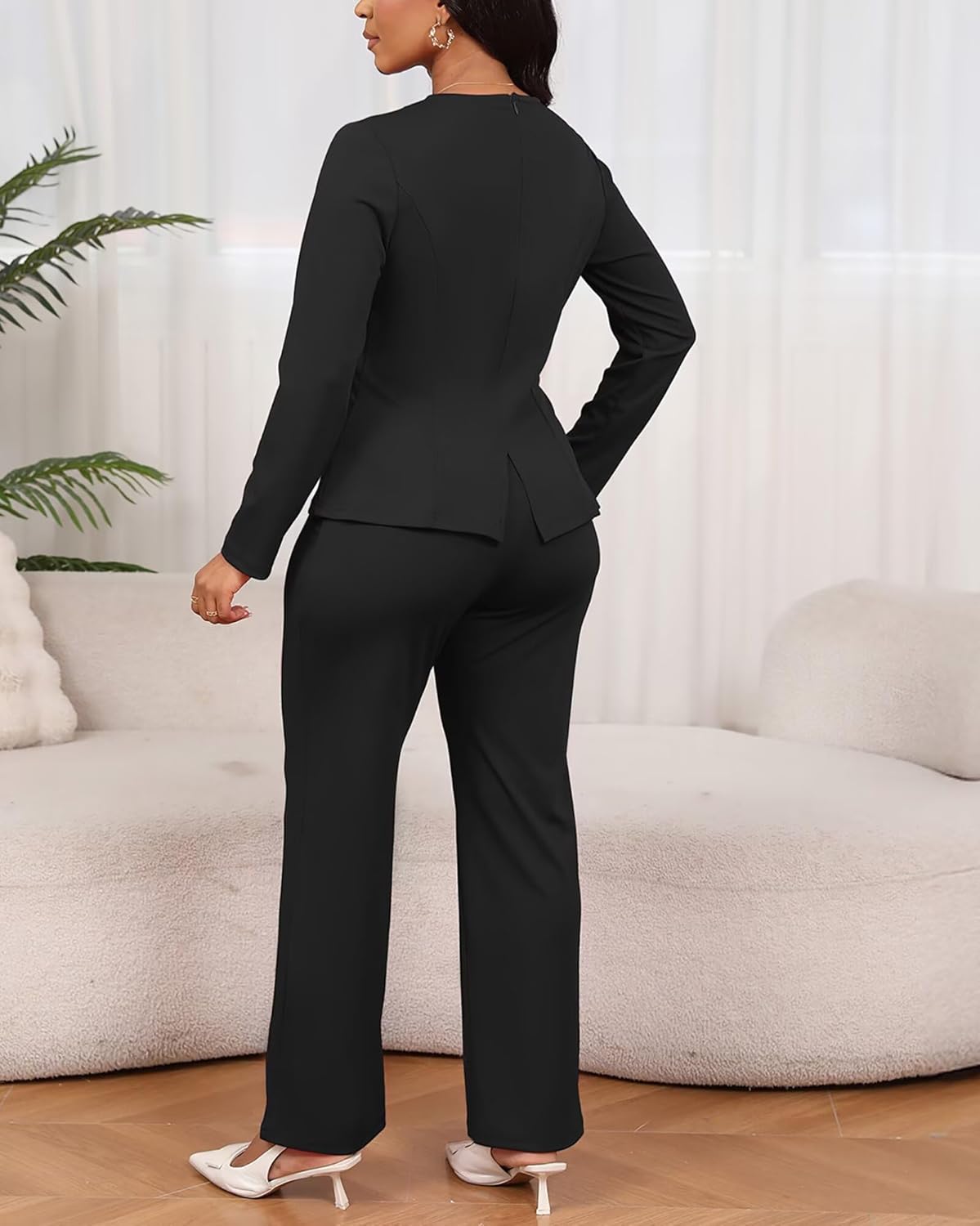 Aro Lora Women 2 Piece Outfits Casual Long Sleeve Irregular Hem Slit Top Pant Set Dressy Pantsuits - Image 4