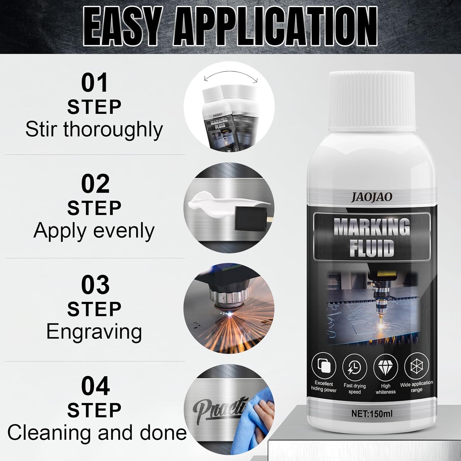 JAOJAO Marking Spray, Professional Marking Liquid Enhanced Engraving High Adhesion Water Based Safe Low Odor Fast Drying for Metal, Glass and Plastic Surface Engraving Pretreatment 150ml - Image 6