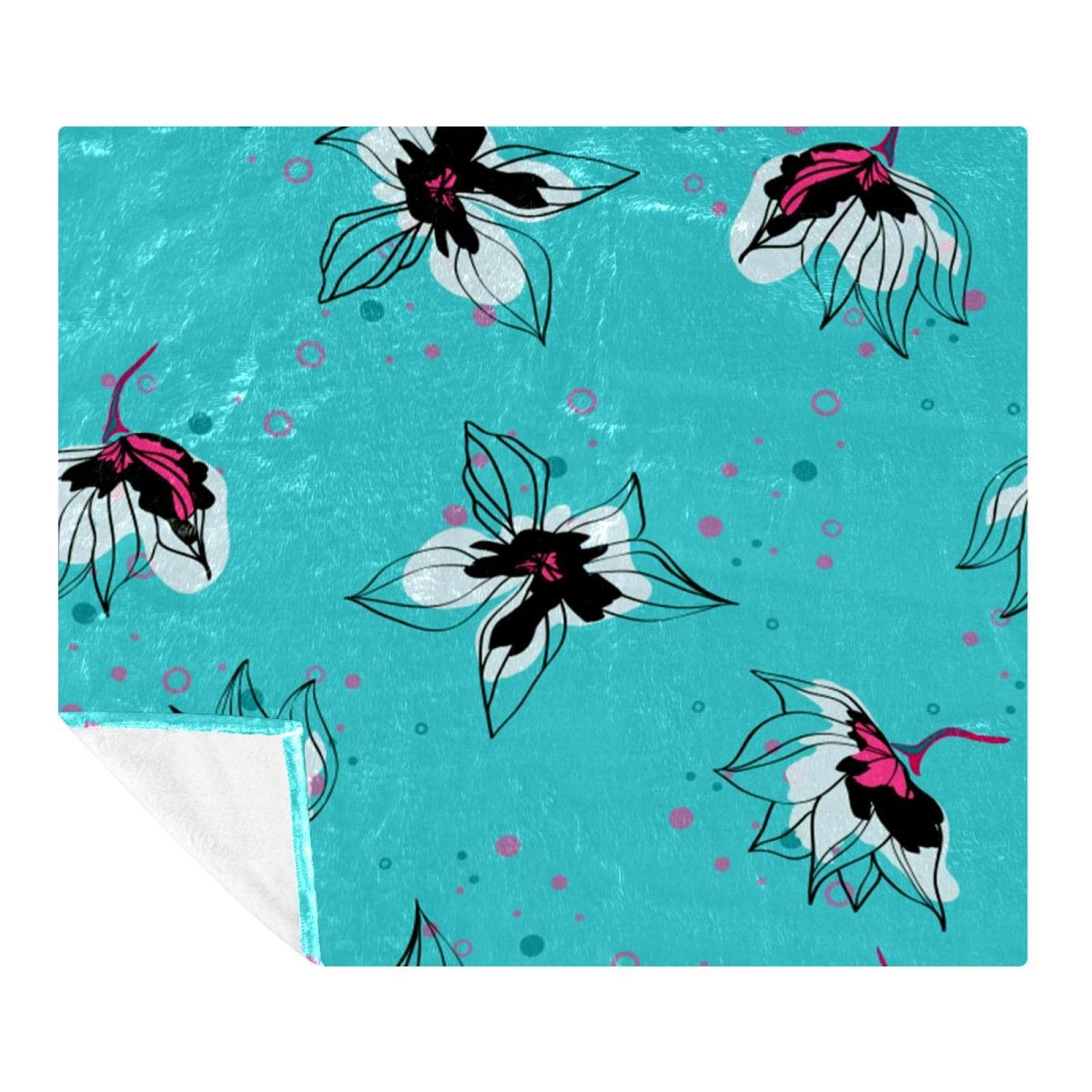 Couverture polaire microfibre rose motif hibiscus pour lit et canapé de 150x130 cm