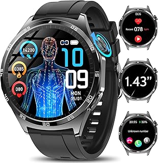 Marsyu Smartwatch Uomo ECG/HRV/𝐆li𝐜𝐞𝐦𝐢𝐚/lipidi/Pressione Sanguigna/BMI/Acido Urico, 24/7 Cardiofrequenzimetro/Sonno/SpO2 Corporea, 1,43" AMOLED Orologio Salute Bluetooth Chiamate, Pulsante SOS