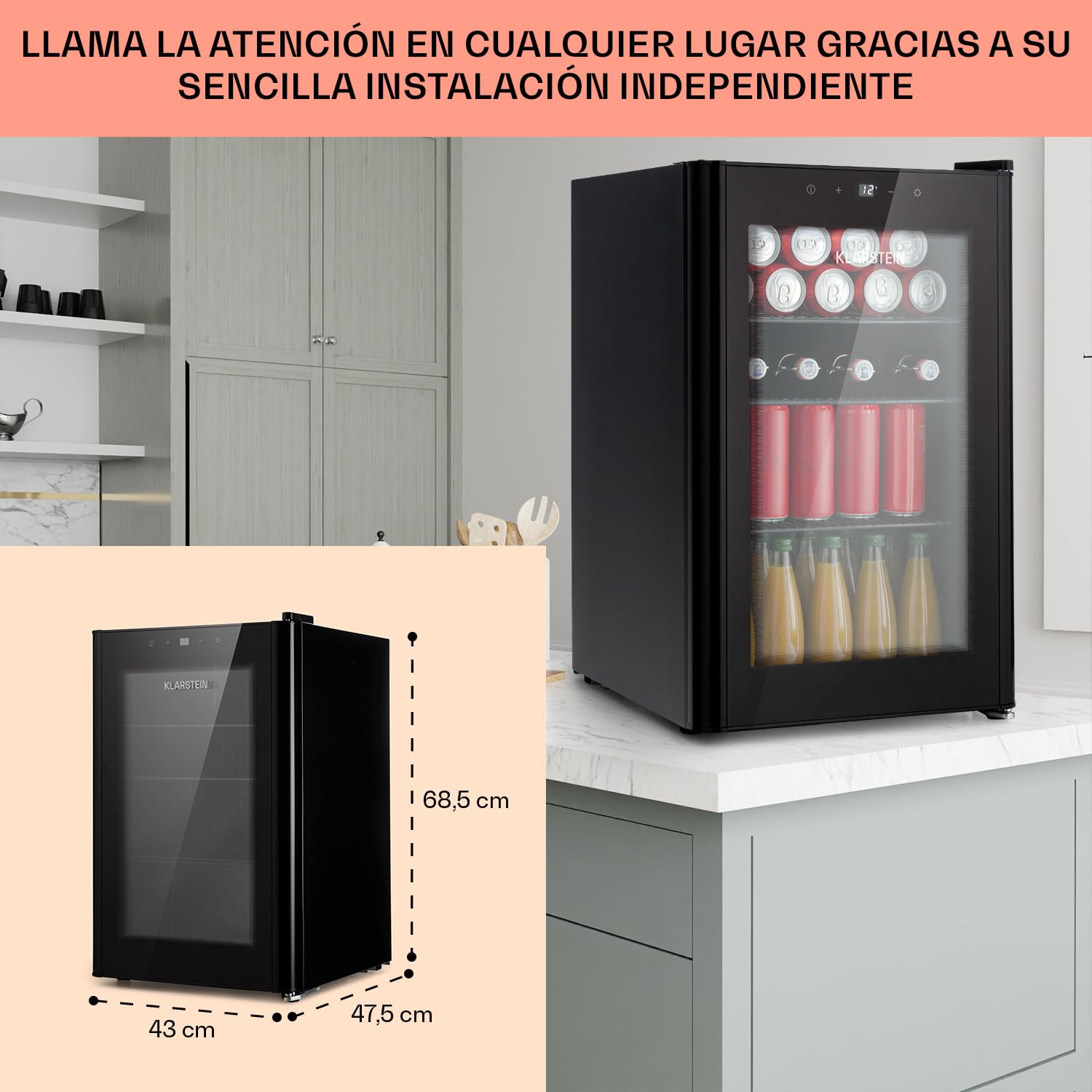 KLARSTEIN Mininevera con puerta de cristal y led, mininevera para habitaciones, nevera pequeña para bebidas con 3 estantes extraíbles, nevera pequeña 70L, de interior/exterior silenciosa, 0-22 °C