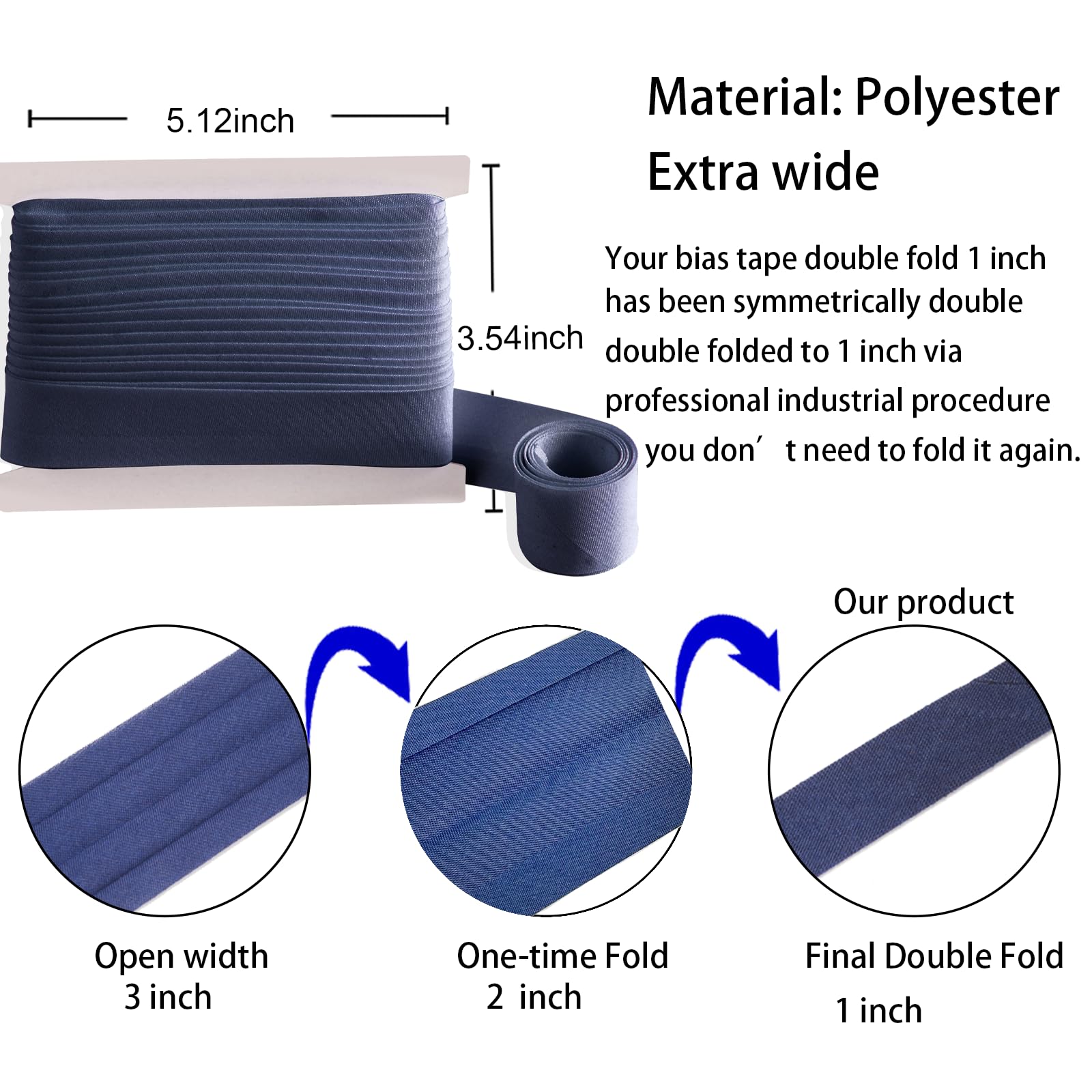 Tewadoo Bias Tape Double Fold 1 Inch – Navy Blue Polyester 10 Yards Bias Binding Tape for Sewing, Quilt Binding, Hemming, Seaming & Piping