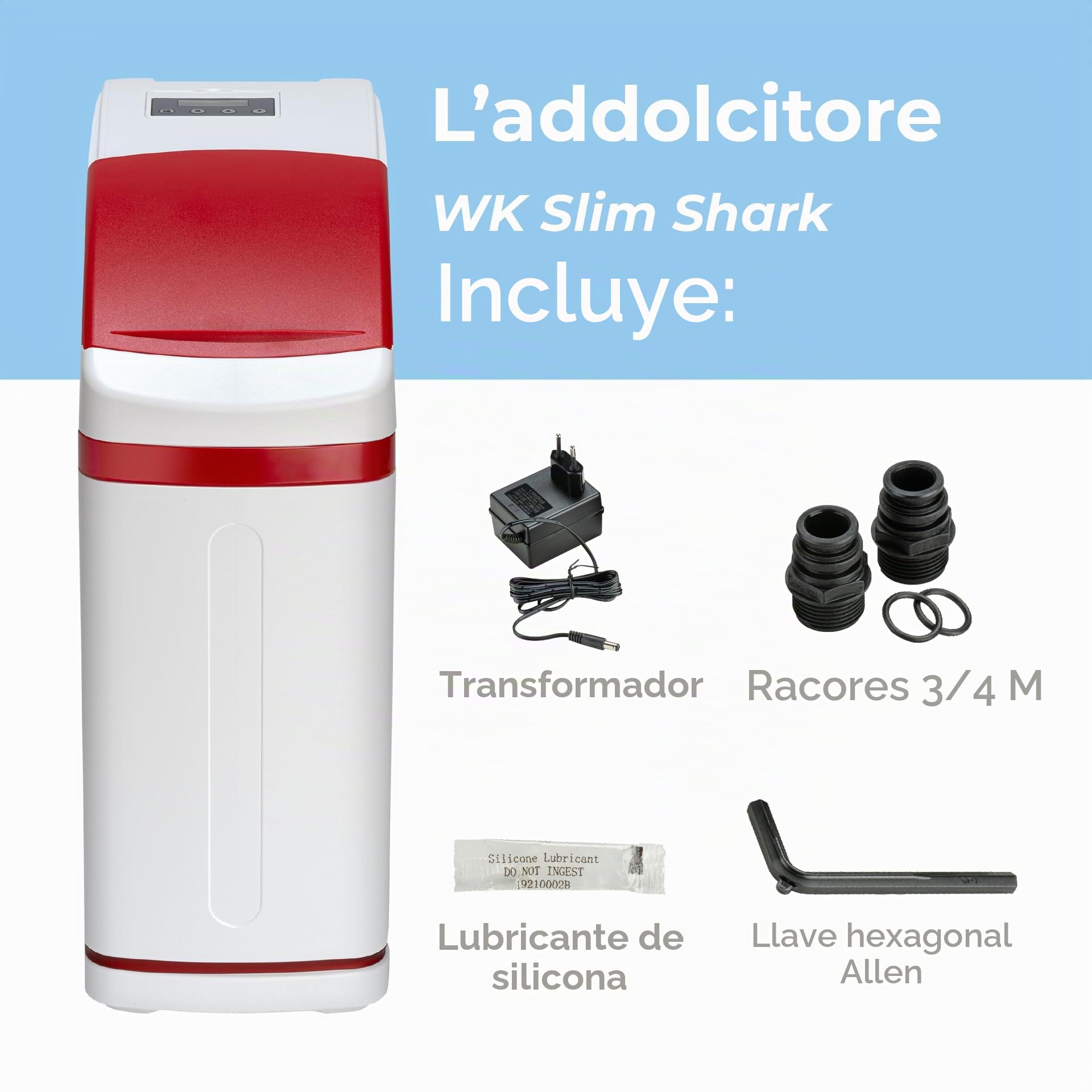 Ablandador de agua WK Slim Shark blanco – Filtrado eficaz, diseño delgado para ahorrar espacio, ideal para 3-4 personas