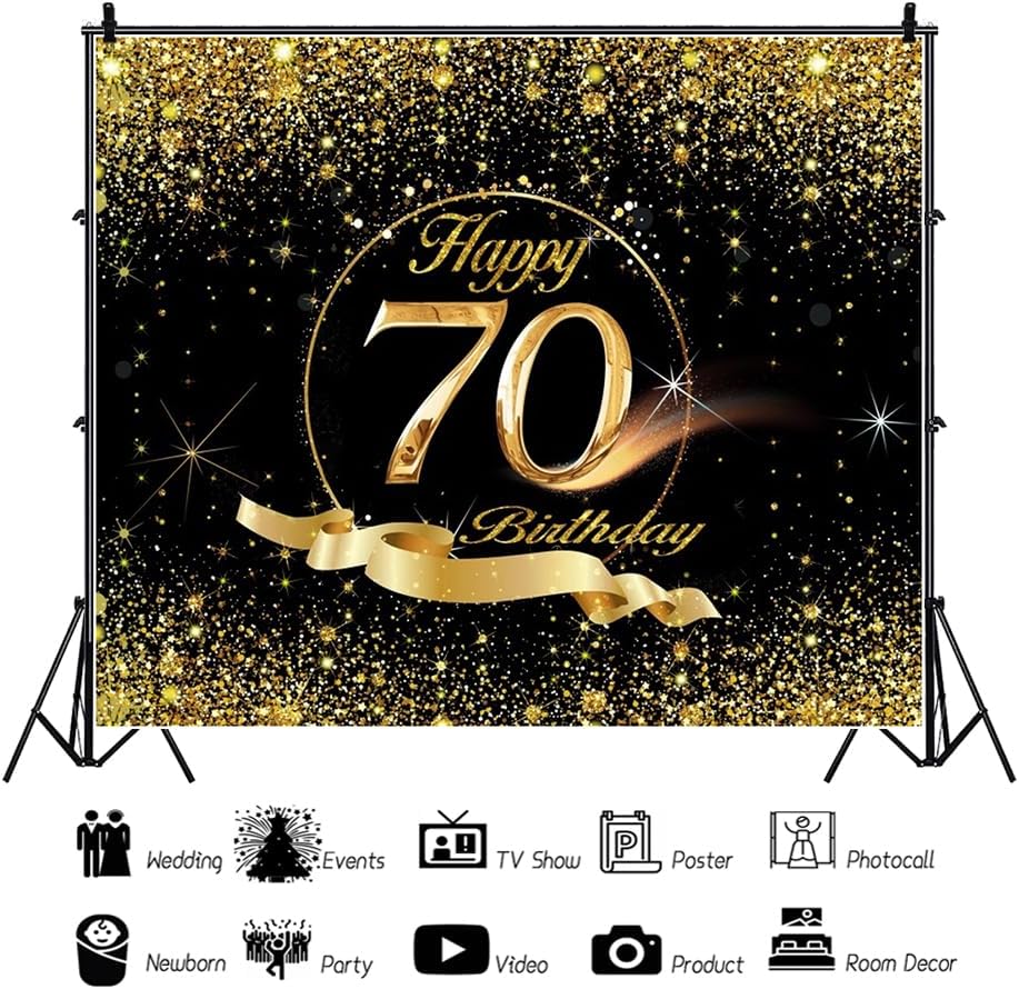 70th Birthday Backdrop Banner 10x8ft Men Black Gold 70th Birthday Decoration Background Men Women Bday Party Celebration Photos Cheers to 70 Years Old Party Backdrop - Image 3