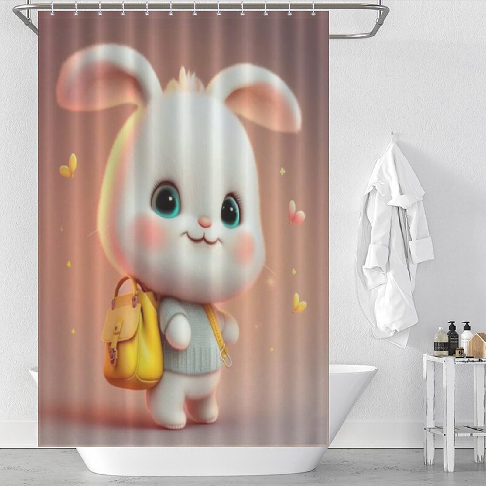 Rideau de douche lapin mignon en tissu lavable imperméable 122x183cm