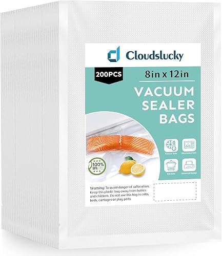 Cloudslucky Sellador de alimentos al vacío sin BPA, bolsas precortadas de 8 x 12 pulgadas, 200 unidades gruesas en relieve de grado comercial para
