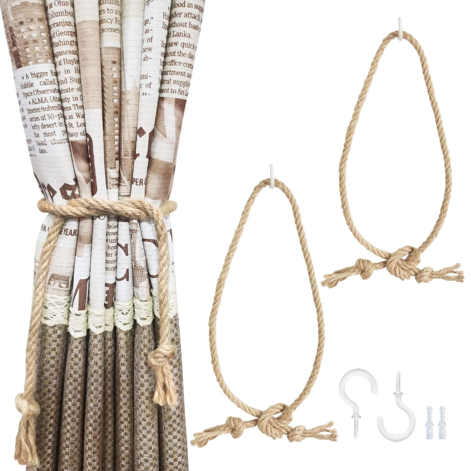 SLIFEOW Adjustable Curtain Tiebacks 2 Pack, 35 Inch Extra Long Curtain Tie Backs with 2 Screw Hooks, No Drilling or Wall Mount 2 Ways for Indoor and