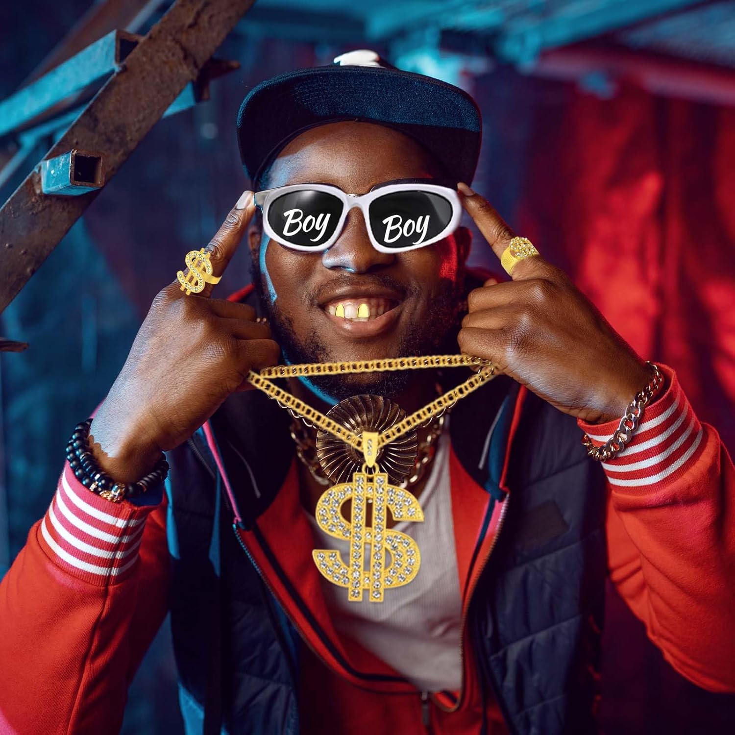 9 Pcs Hip Hop Costumes Kit 2000s 80s 90s Rapper Outfit Accessories Sunglasses Necklace Hat Gold Grill Ring Pens for Men Women Halloween Cosplay Themed Party - Image 6