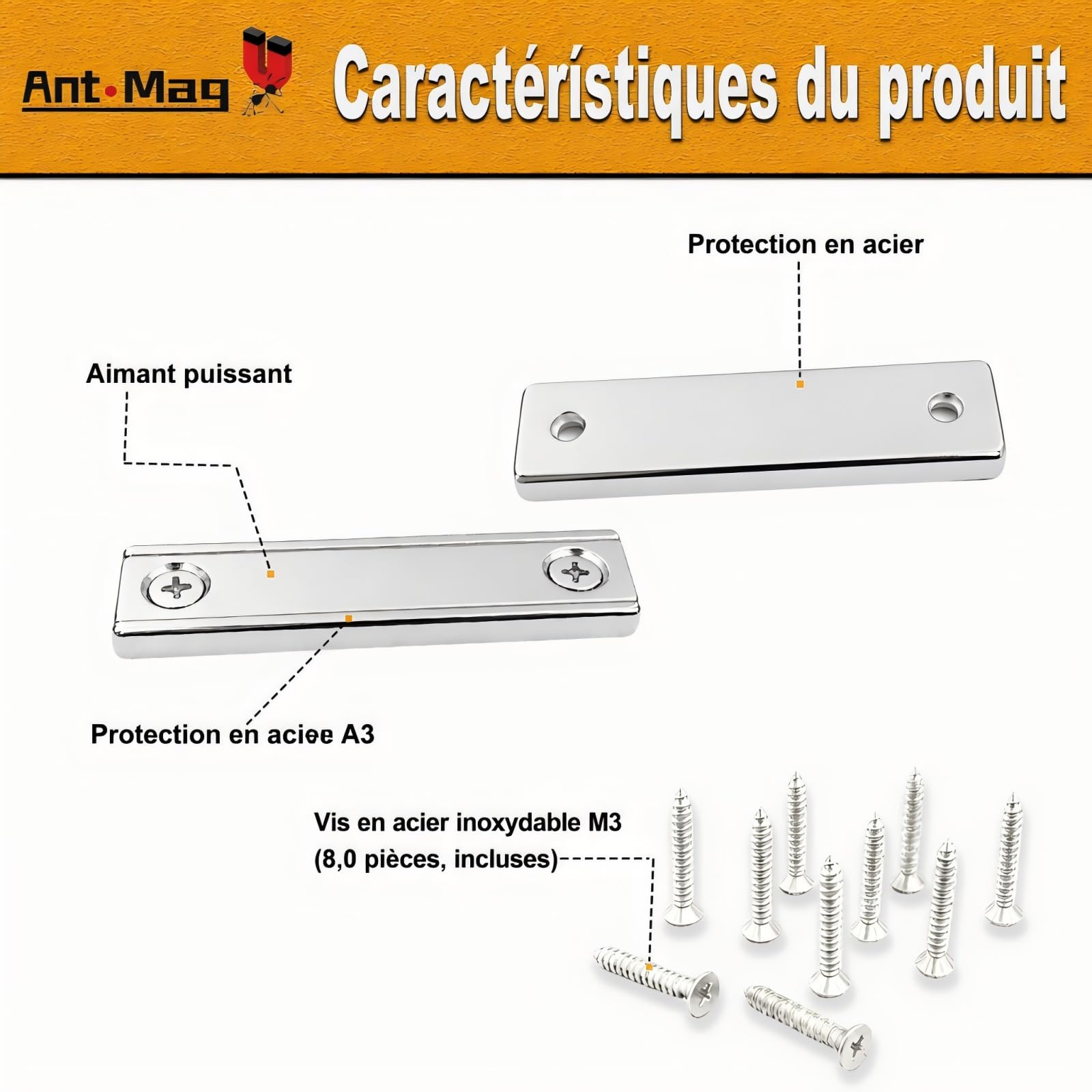 Ant Mag Imanes de maceta rectangulares de neodimio 66 lb Fuerza de tracción 60 x 13,5 x 5 mm Juego de 8 con agujero avellanado imanes sólidos de tierra rara de grado industrial para el hogar