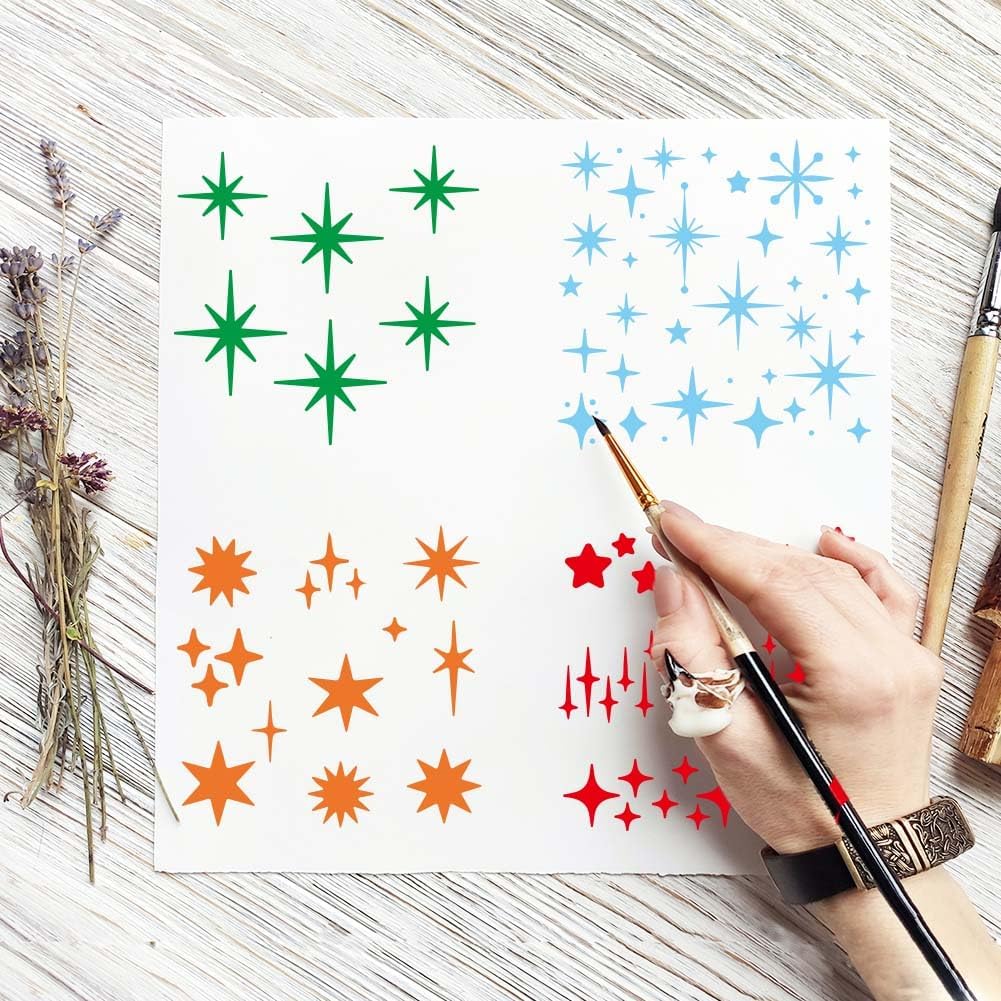 FINGERINSPIRE 6PCS Stars Painting Stencils 7.9x7.9inch with a Brush Twinkle Star Stencils Reusable Stars Drawing Template PET Stencil for Wall Painting Wood Canvas Fabric DIY Art Craft Home Decor