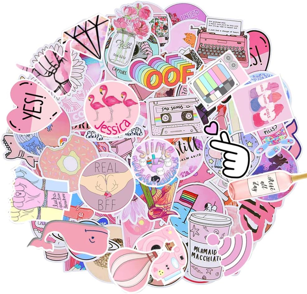 Cute Stickers for Water Bottles, 53 Pack Pink Waterproof Laptop Stickers Trendy Aesthetic Stickers for Guitar, Laptop, Luggage, Skateboard, Stickers for Kids,Girls,Teens,Adults