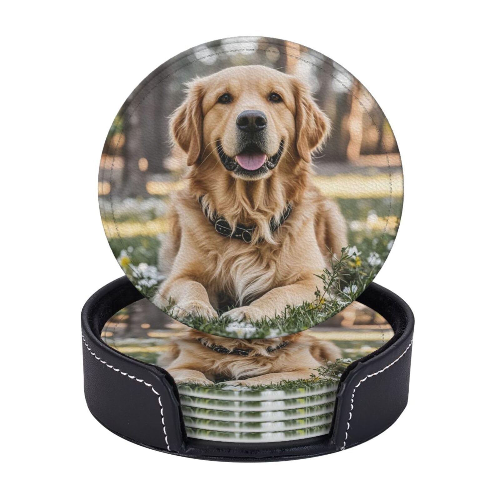 Coasters for Drinks Personalized Leather Coasters Set of 6 Golden retriever Drink Coaster Non-Slip Mugs Pads with Holder Round Cups Pad Mat for Coffee Table Kitchen