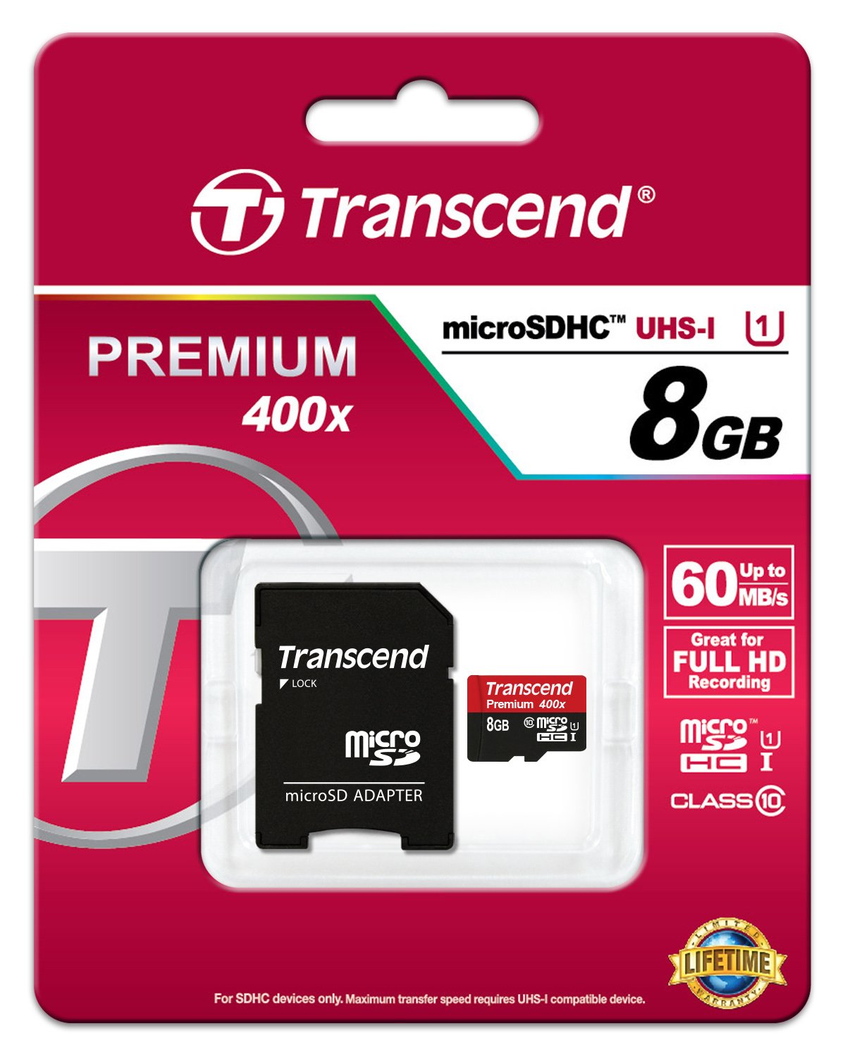 Transcend Lot de 5 cartes mémoire flash microSDHC 8 Go 60 Mo/s 400 x UHS-I Classe 10 avec adaptateur TS8GUSDU1