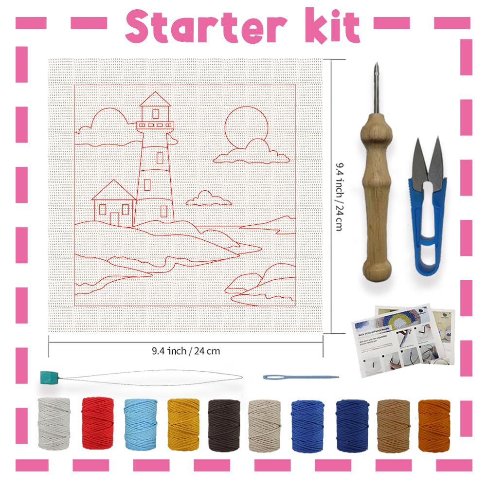 INFUNLY 2PCS Sea Lighthouse Punch Needle Embroidery Kit for Beginners Beacon DIY Punch Needle Starter Kit Lighthouse Handcraft Hooking Set including Printed Pattern Instruction for Festival Gift Home Decor - Image 2