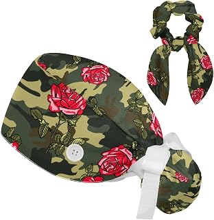 FVQL 2 Pieces Surgical Cap for Long Hair Scrub Cap with Hairband Nurse Cap, Camouflage and Rose Flower