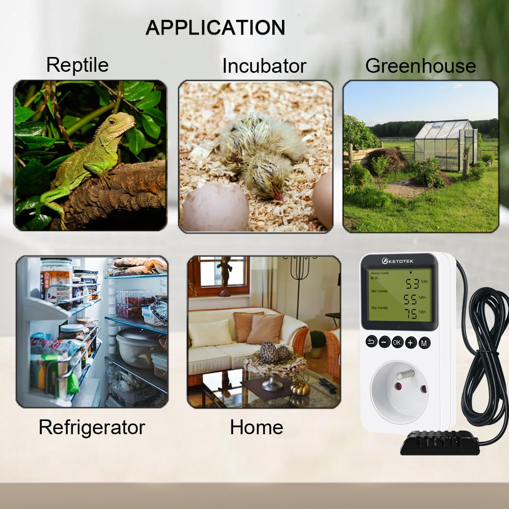 Collage of application examples for the KETOTEK KT3300 FR: a reptile in a terrarium, chicks in an incubator, a greenhouse, a refrigerator, and a living room setting.