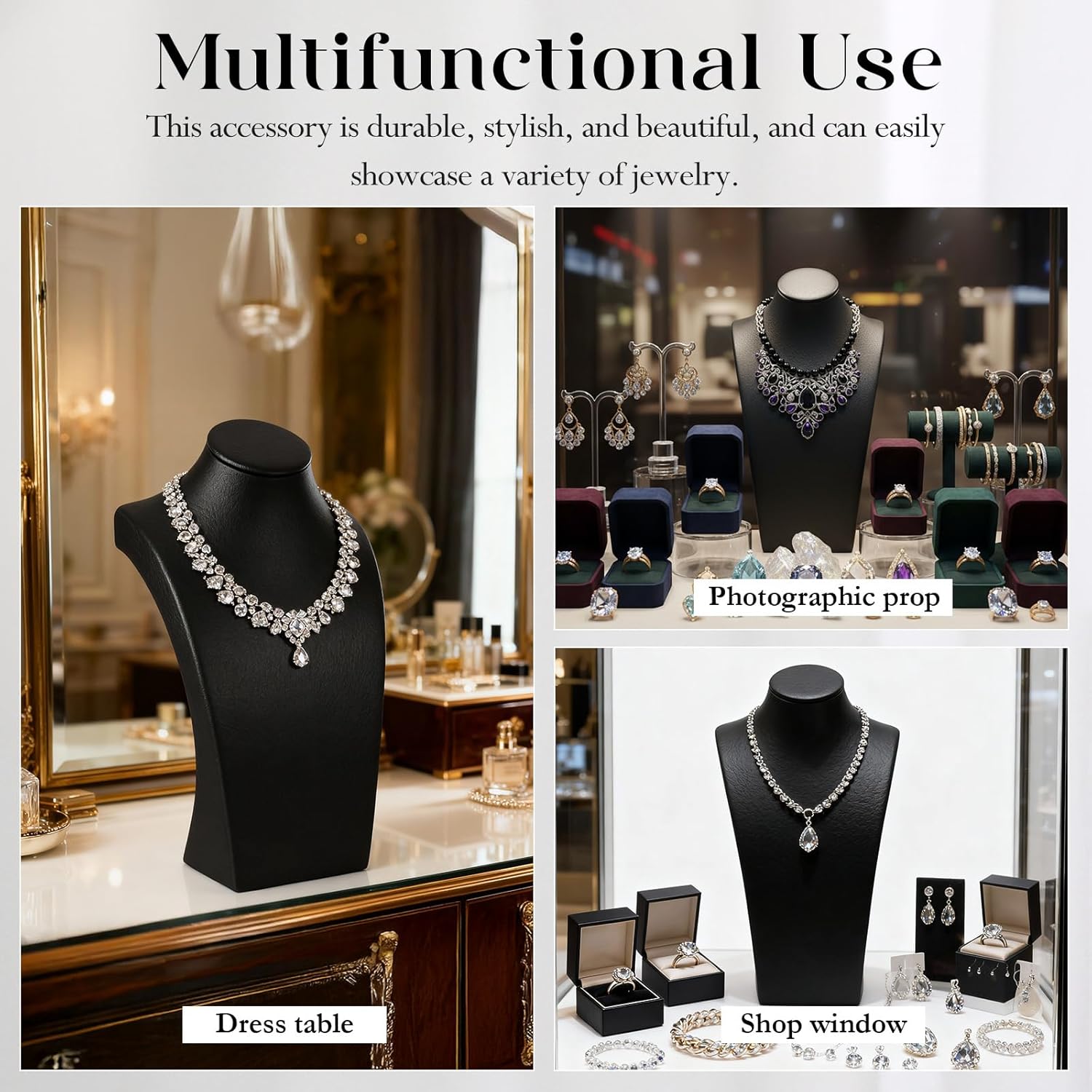 SHENLIU 2 Pcs Black PU Leather Necklace Display, Jewelry Display for Selling and Shows, Necklace Easel Stand, Jewelry Bust Stand Necklaces Mannequin Holder (12.2 x 3.5 x 6.89 in) - Image 4