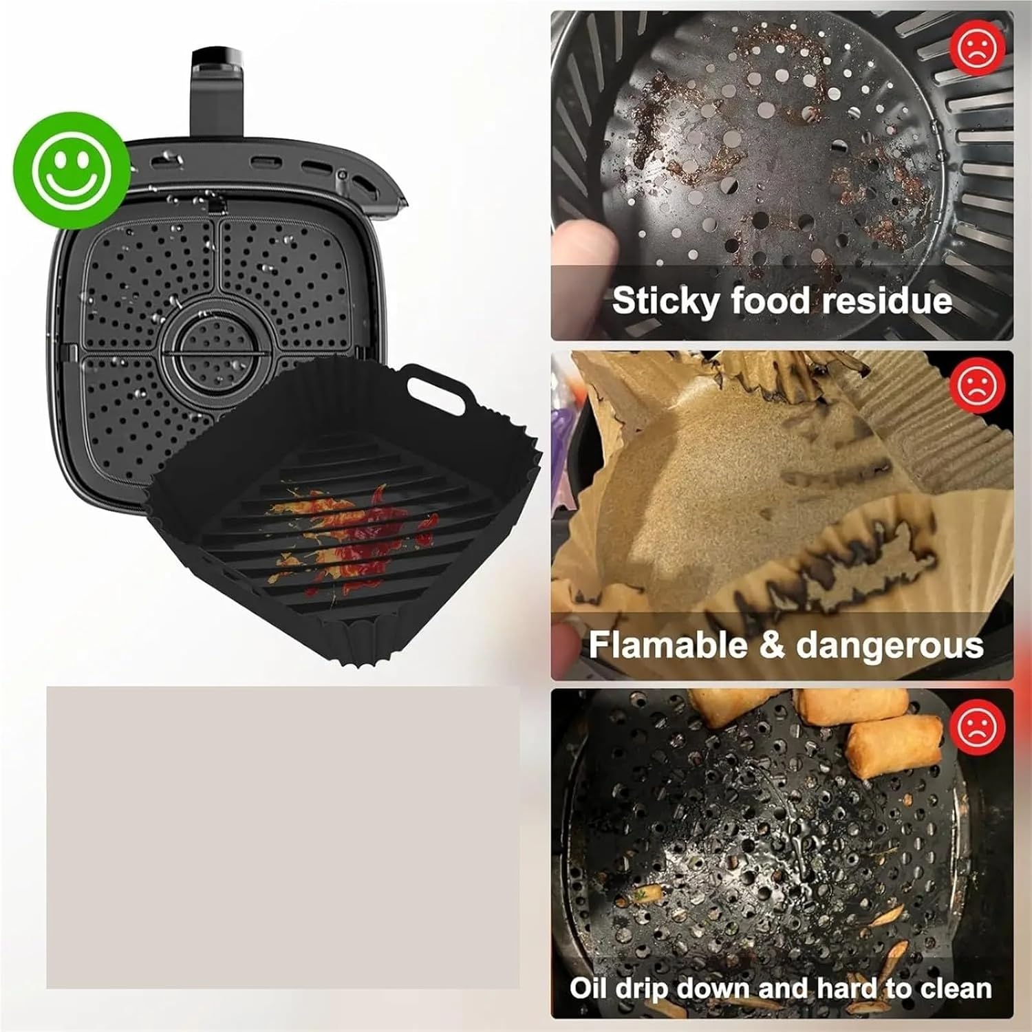 Compatible for Most Square Models, Reusable Silicone Baking Tray, Anti Oil Inner Liner Pad for Air Fryer