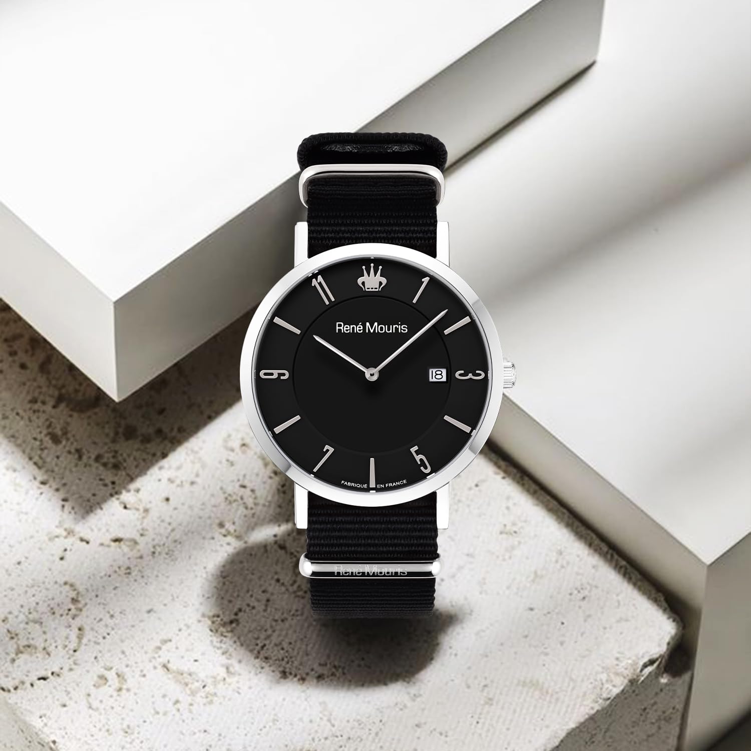 René Mouris L'Emporter Quarzuhren Für Herren – 41MM Klassische Uhr Aus 316L Edelstahl – Mineralglas Mit Saphirbeschichtung – 50M wasserdichte Armbanduhr Mit Nylonarmband.