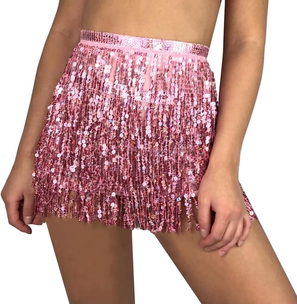 Sequin Tassel Skirt - Belly Dance Hip Skirt Fringe Tassel Hip Scarf Rave Skirts for Women and Girls Halloween Cowgirl Costume (Pink), One Size Short