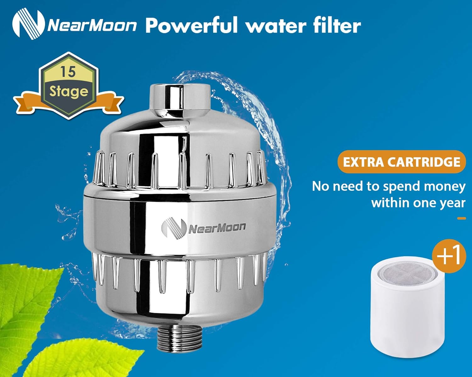 NearMoon Shower Head and 15 Stage Shower Filter Combo, High Pressure Filtered Showerhead for Hard Water, Improves the Condition of Your Skin, Hair - 1 Replaceable Filter Cartridge (6 Inch, Chrome) - - 