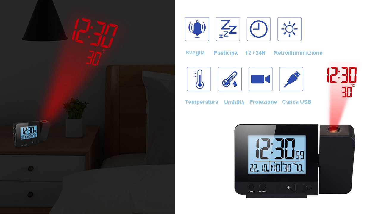 Sveglia a LED in legno, con display di temperatura e umidità