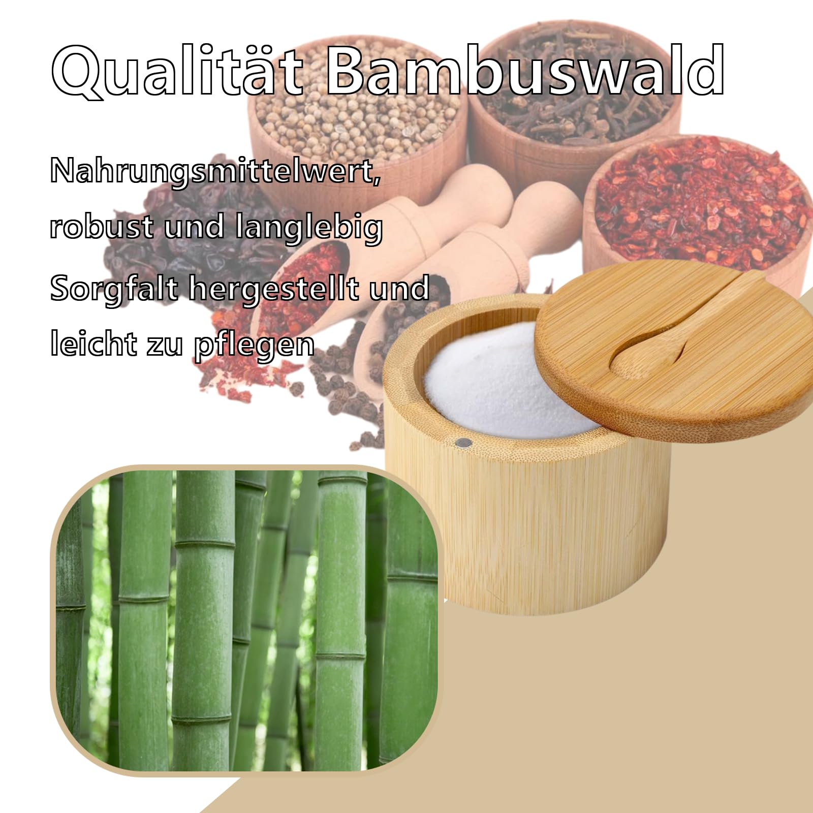 2 Boîtes à Sel En Bambou DAKLUNAR Avec 6 Cuillères - Couvercle Magnétique 360° - 6oz