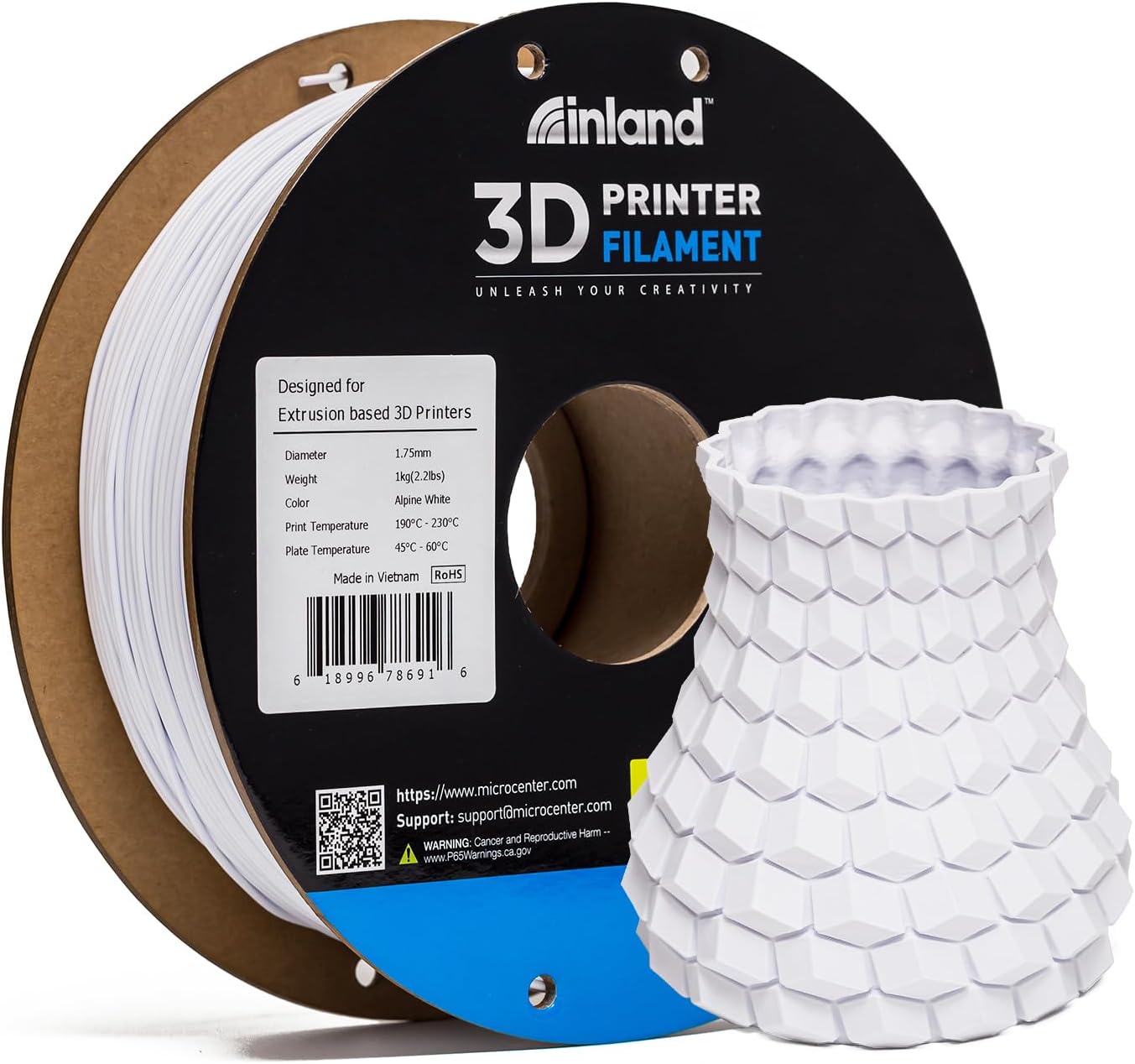 Inland PLA Filament Bundle 1.75mm, 4KG 3D Printer Filament, Dimensional Accuracy +/- 0.02 mm, 4 Pack Filament, Fits Most FDM 3D Printers (Coal Black & Alpine White, 4 Pack)