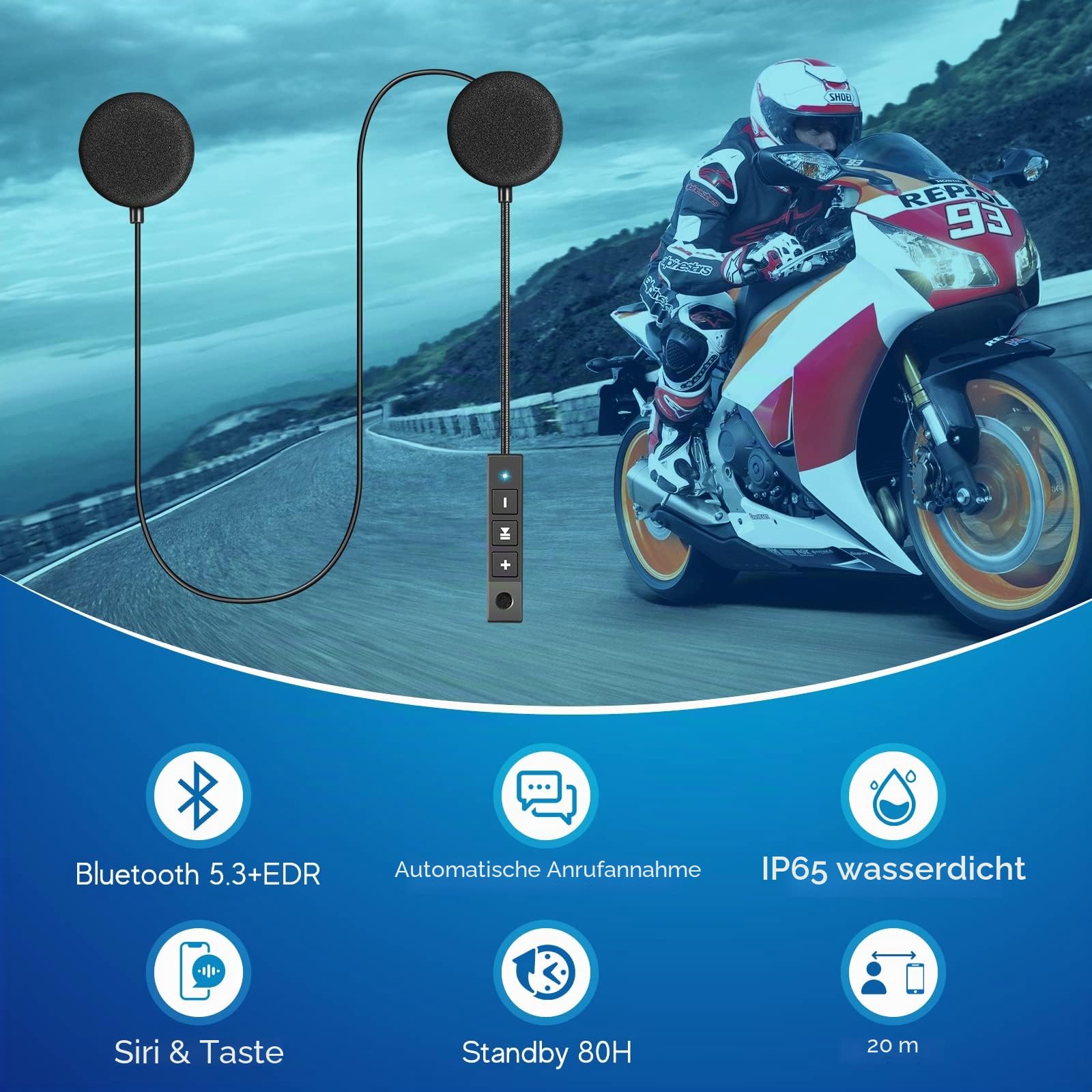 MAXTO Motorradhelm-Bluetooth-Headset, Outdoor-Freisprecheinrichtung, Bluetooth 5.3 EDR, kabelloses Motorrad-Headset mit automatischer Rufannahme, Motorrad-Kopfhörer mit hoher Klangqualität