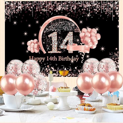 Miniatura 5 de Cartel de tela para decoración de cumpleaños número 14 para niñas de 14 años, cartel de tela para fiesta de cumpleaños de niña, fondo fotográfico