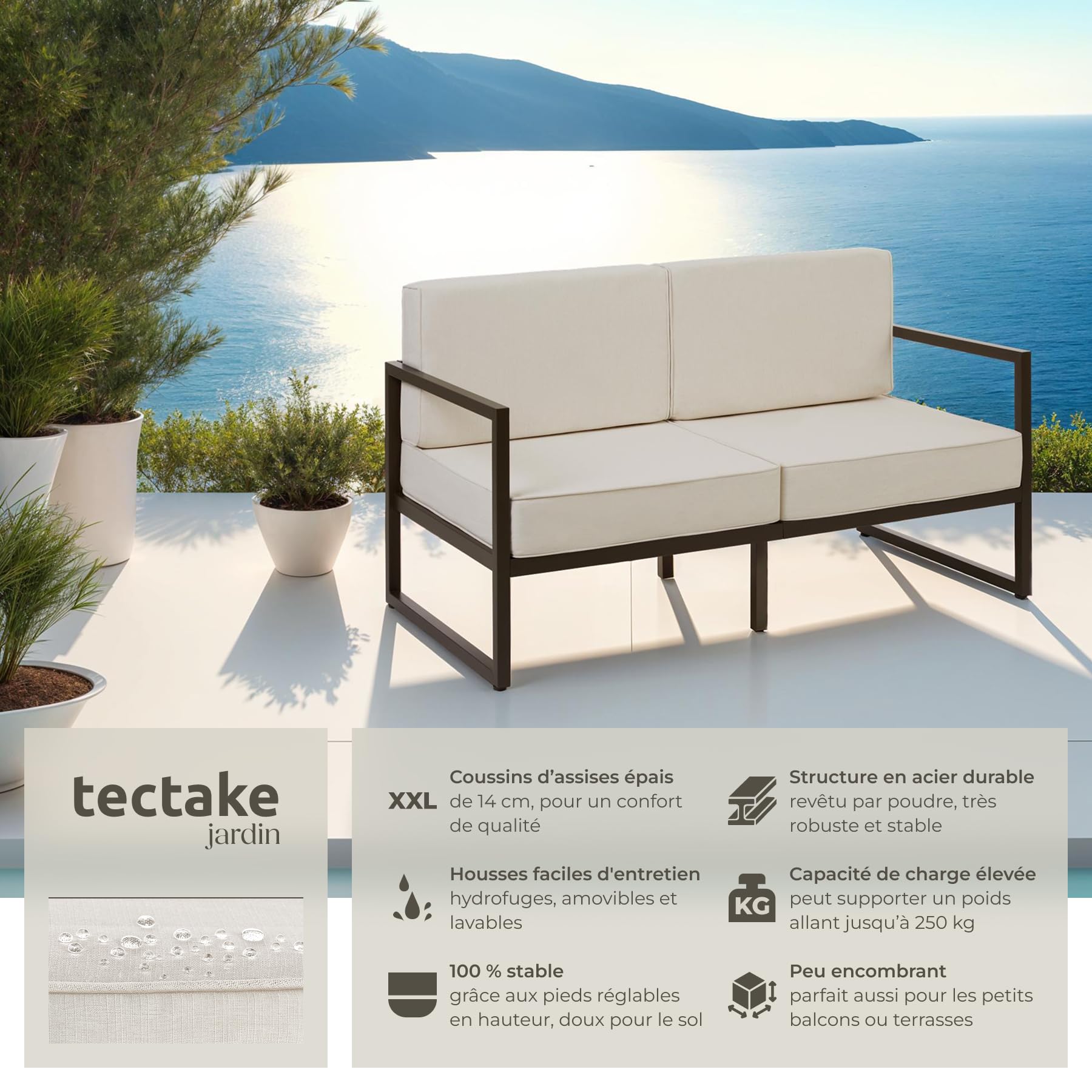 tectake® Salon de Jardin Exterieur Canapé 2 Places Banquette de Jardin Coussins épais Inclus Cadre en Acier laqué époxy Mobilier Canape Exterieur Amenagement Balcon Terrasse Veranda Maison