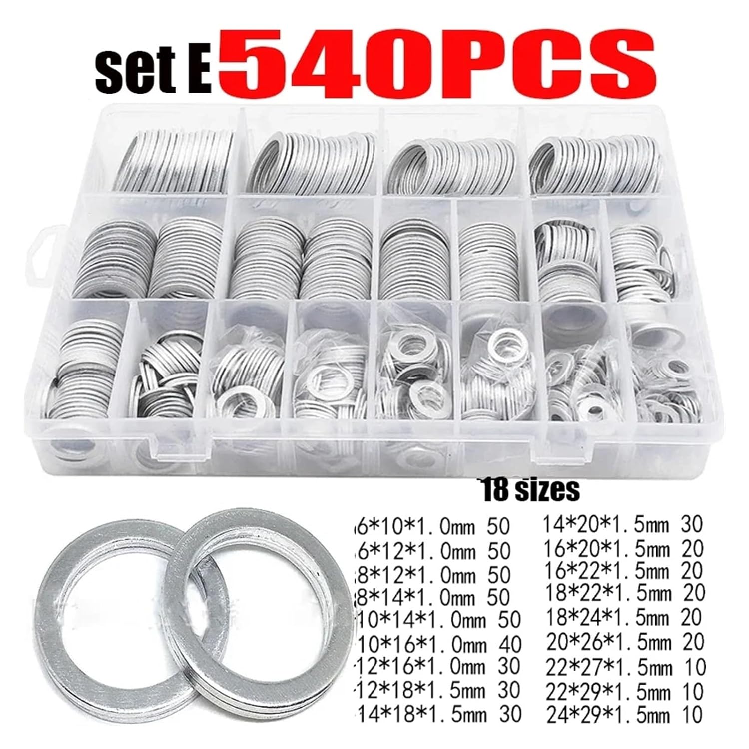 200/360/450/540pcs Car Oil Drain Plug Gaskets Aluminum Flat Washer M6 M8 M10 M12 M14 M16 M18 M20 M22 M24 Combination Kit(540PCS M6-M24)