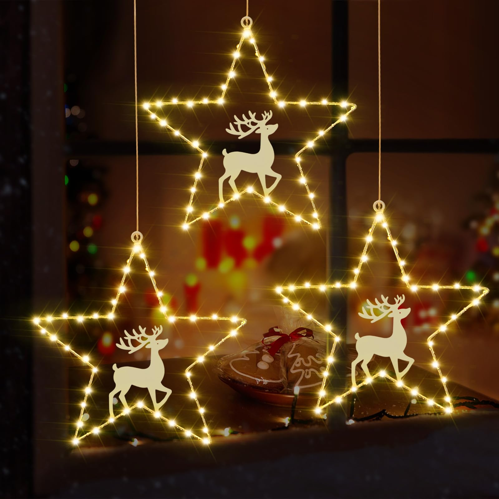 Catena luminosa con stelle decorative natalizie, 3 pezzi, 45 LED, funzionamento a batteria, illuminazione natalizia con timer, luci natalizie, decorazione per finestre, balcone, bianco caldo