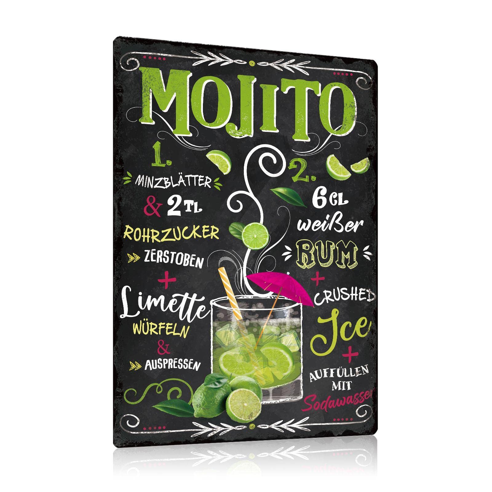 Juego de 5 letreros de metal retro para cócteles, receta, 20x30 cm, cartel de metal con texto gracioso, MAI TAI, MOJITO, PINA COLADA, DAIQUIRI, bar, bar y cocina