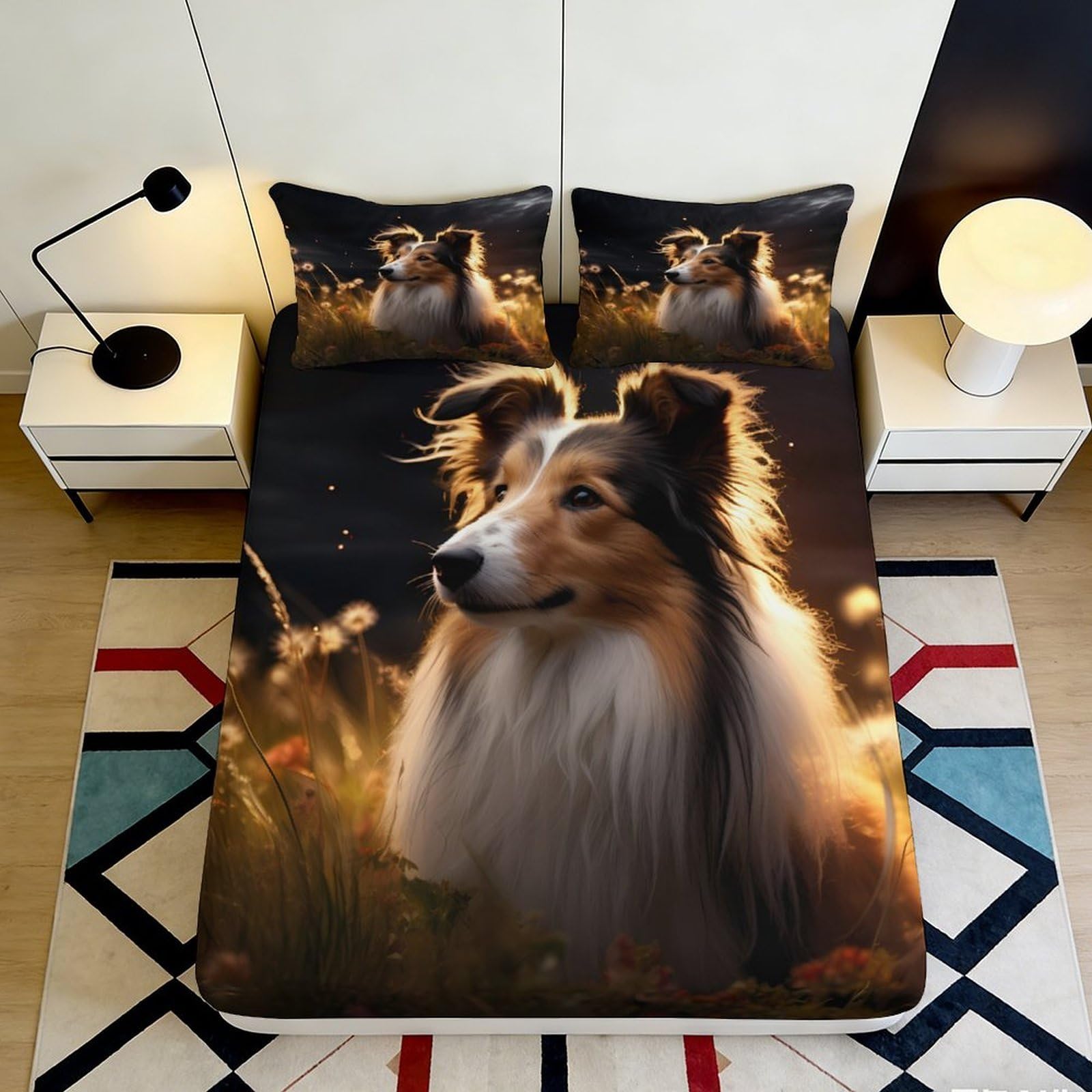 Pnayamiorkfel Style-2 3D Printed Collie Dog Fitted Sheet Microfiber Soft Breathable Sunset Field Bed Cover For Bedroom Guest Room Decor 90X200x25cm