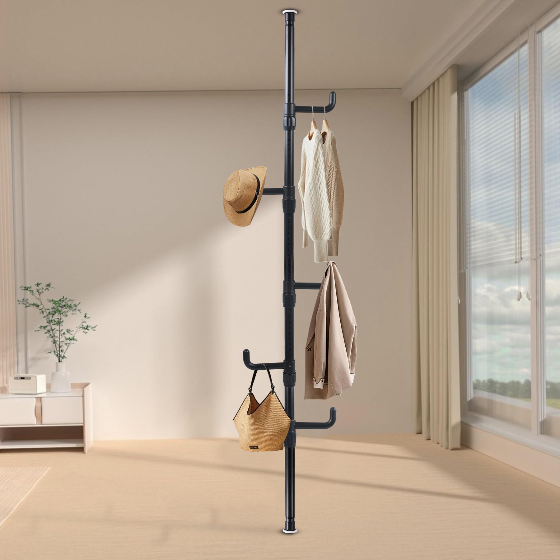 Teleskop kleiderständer mit 5 Haken, Schwarz Garderobenständer Ausziehbar 110-310cm, Kleiderstange Decke Ohne Bohren für Flur Schlafzimmer Wohnzimmer Büro Kleidung Hüte Taschen