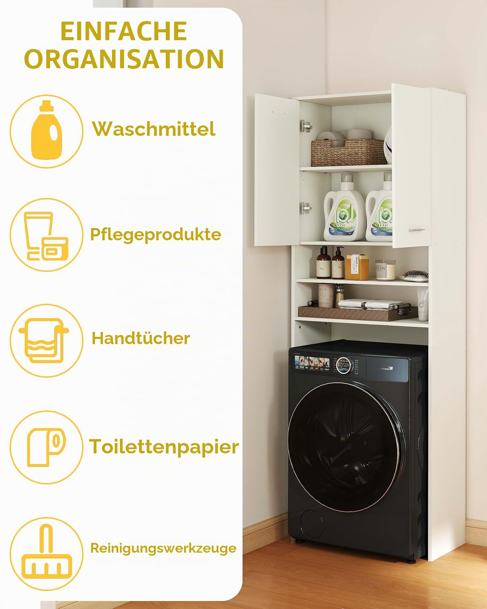 Waschmaschinenschrank mit Türen 64×30×179.5cm Waschmaschinenregal Bathroom Cabinet Badschrank Hochschrank Regal über Waschmaschine Weiß
