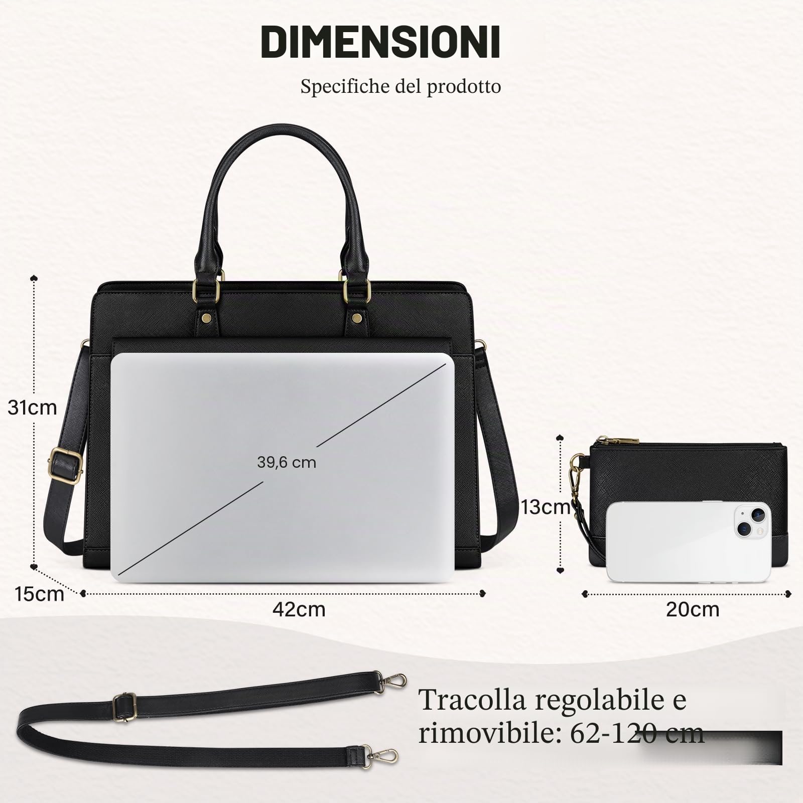 RAINSMORE Borsa Università Donna Borsa Lavoro in Pelle PU Grande Borsa Porta PC 15.6 Pollici Impermeabile a Spalla Tracolla Nero