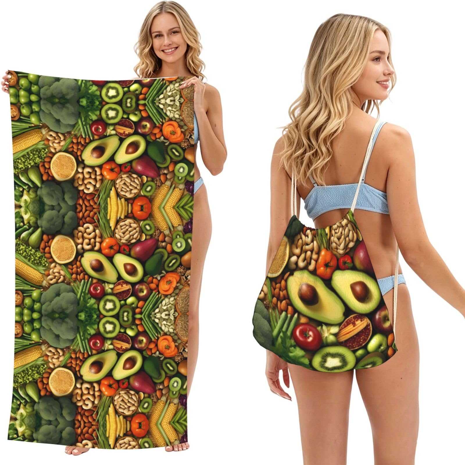 EZDLOWVBA Fresh Vegetables Print Beach Towel Backpack 2 In 1 Summer Large Lightweight Beach Towel - Multifunctional Ship Pattern Towel Bag For Storage,Sport