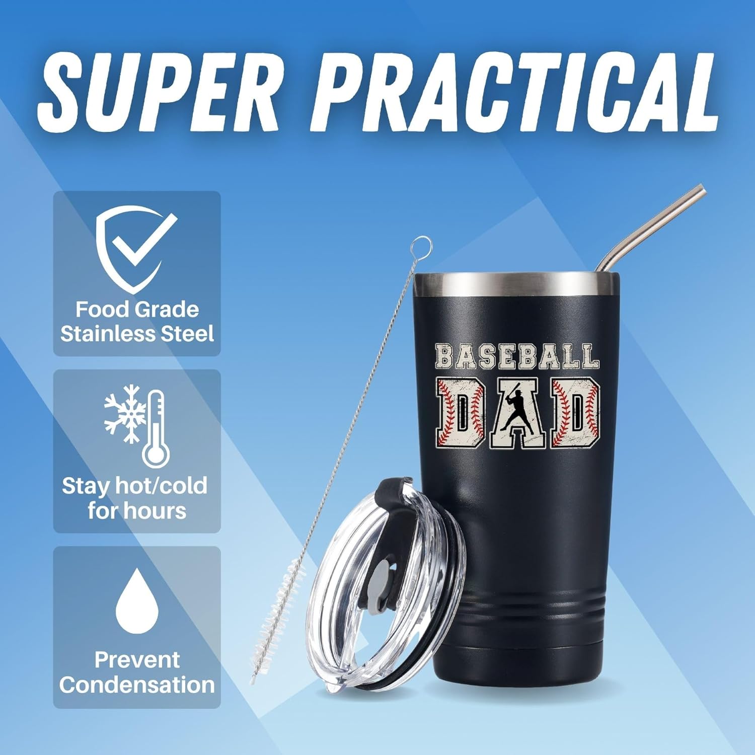 Onebttl Baseball Dad Gifts from Daughter Son, Tumbler Travel Coffee Mug for Father's Day, Stainless Steel Insulated 590ml/20oz - Image 4